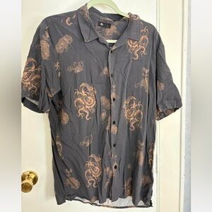 Thrills Dragon Print Button Down Shirt in Gray and Tan
